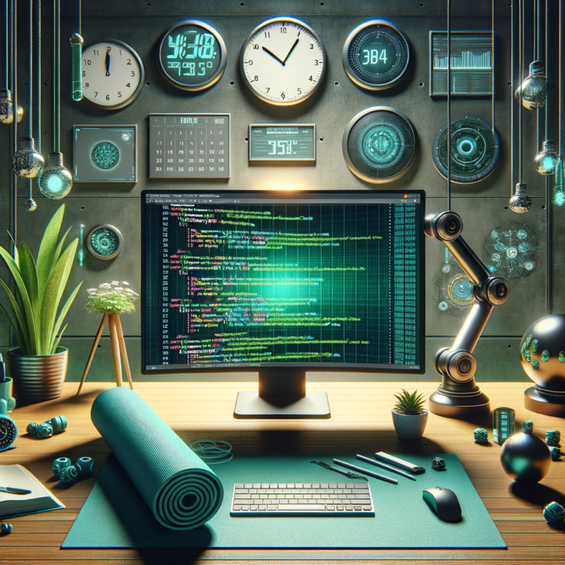 The featured image for this blog post could depict a sleek and modern workspace setup with a computer displaying lines of code on the screen. Surrounding the workspace, there could be elements symbolizing time management (such as a clock or calendar), mindfulness (like a yoga mat or plant), and cutting-edge technology (possibly a robotic arm or virtual reality headset). The color scheme could include tech-inspired blues, greens, and metallic tones to convey a sense of innovation and productivity. The image should evoke a feeling of motivation and focus, appealing to software engineers looking to enhance their coding efficiency and productivity.