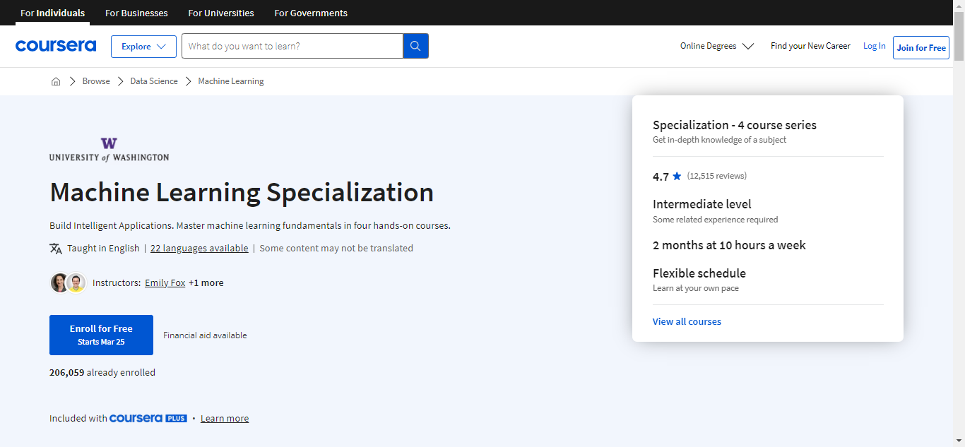 Machine Learning Specialization on Coursera - University of Washington