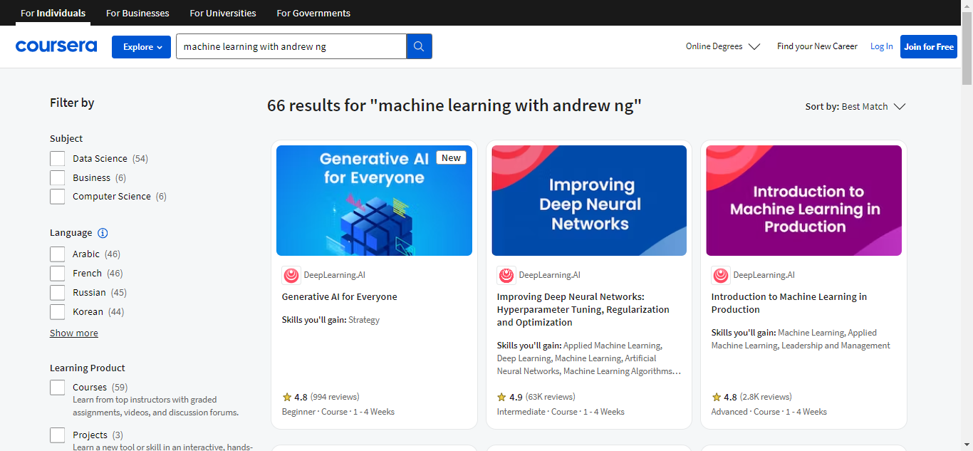 Machine Learning by Andrew Ng on Coursera - Stanford University